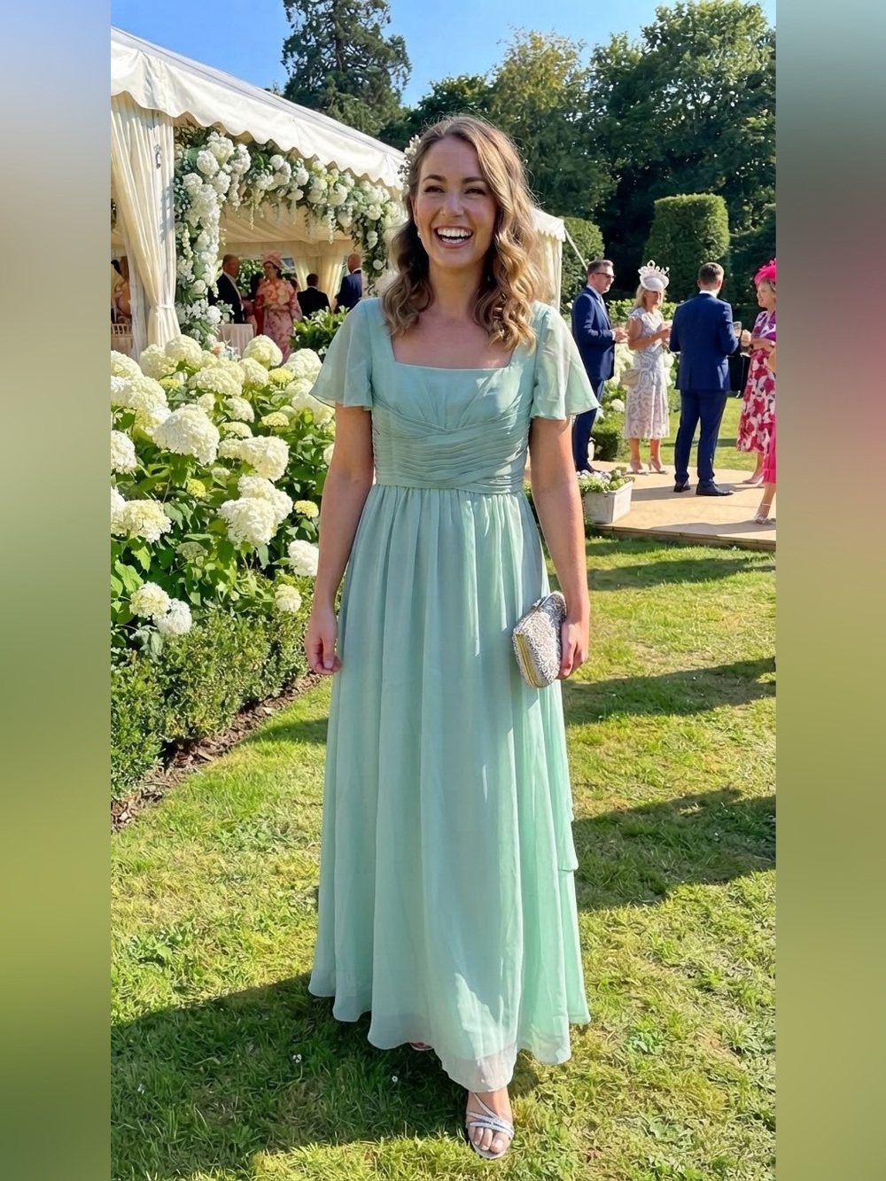 SIZE 14 Sage Green Chiffon Maxi Dress Flutter Sleeve Tie Back